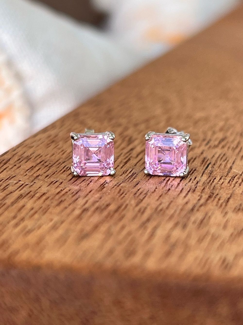 Sterling Silver Pink Asscher Cut CZ Stud Earrings